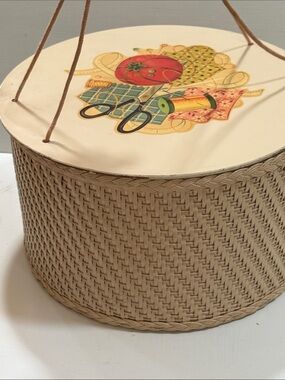 Vintage 1950’s Handcrafted Woven Sewing Basket with Cream Lid and Motif